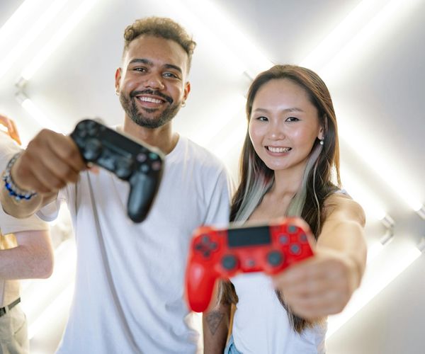 Diverse group of people smiling during a light activity.